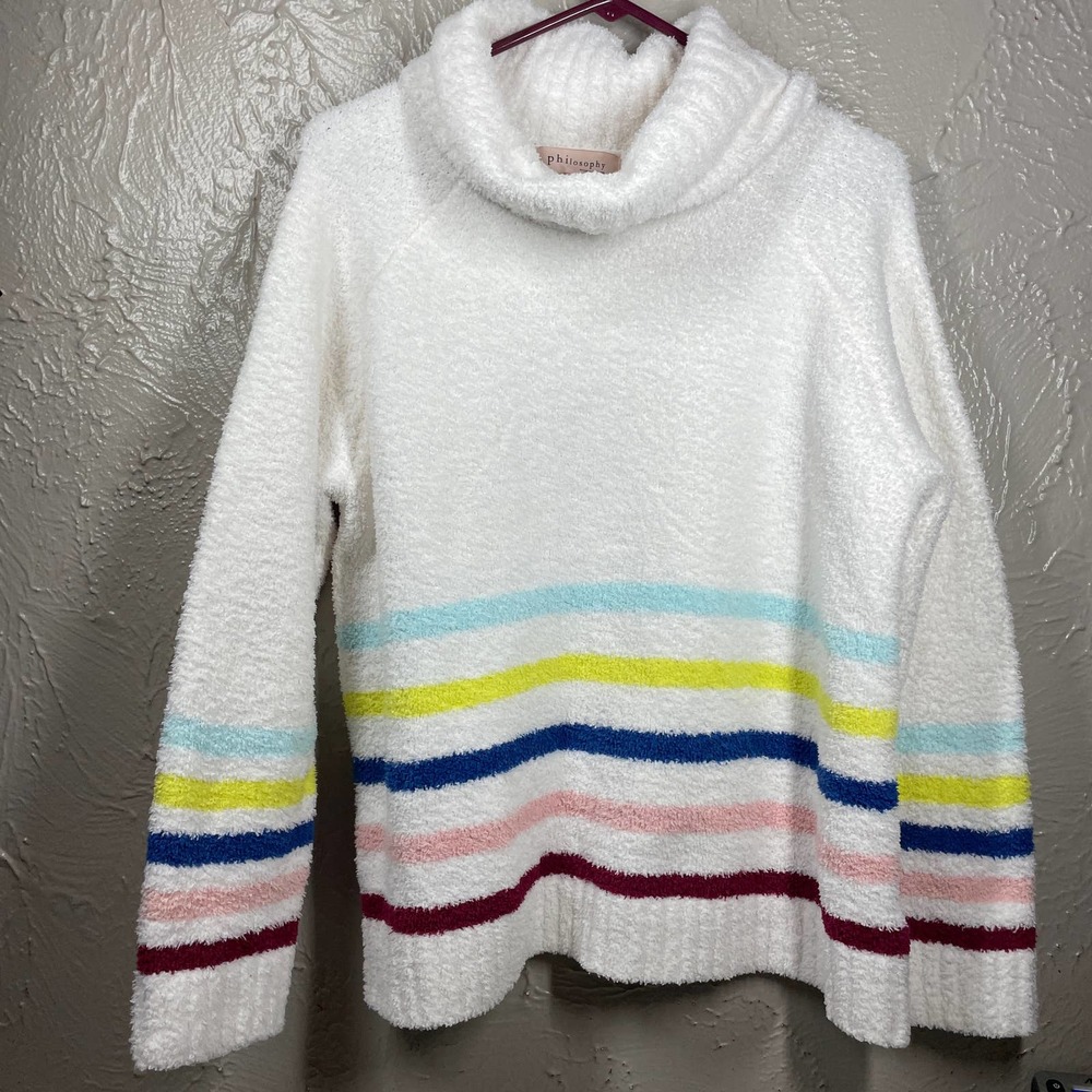 Philosophy White Cowl Neck Raglan Sleeve Striped Cozy Sweater Womens Size XL